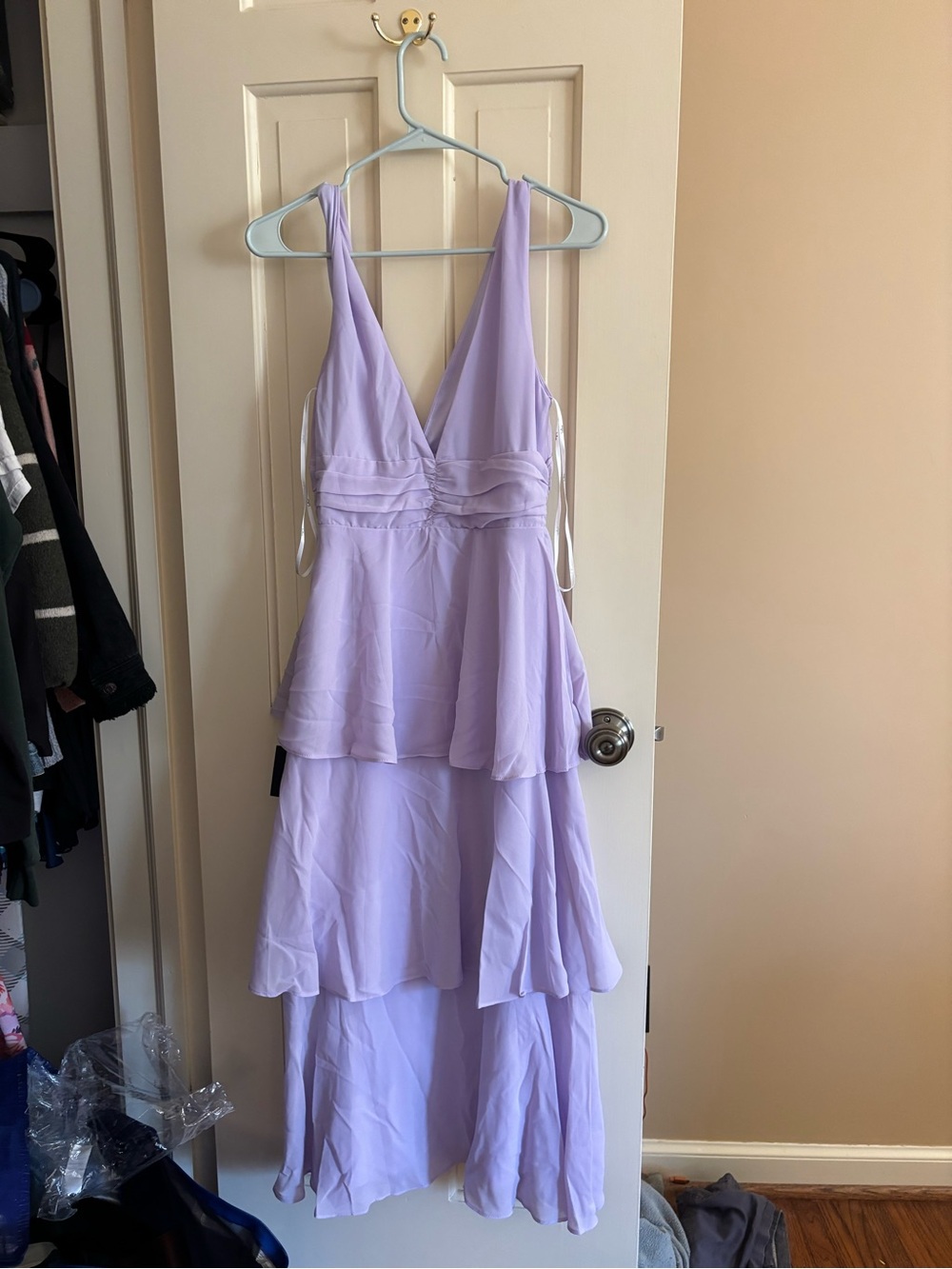 Lulu's Lavender High-Low Tiered V-Neck Dress
